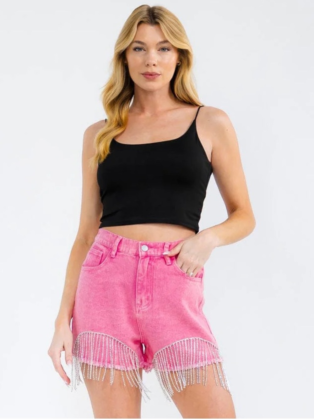 Savanna Jane | Pink Rhinestone Fringe High Waisted Denim Shorts Coachella Medium
